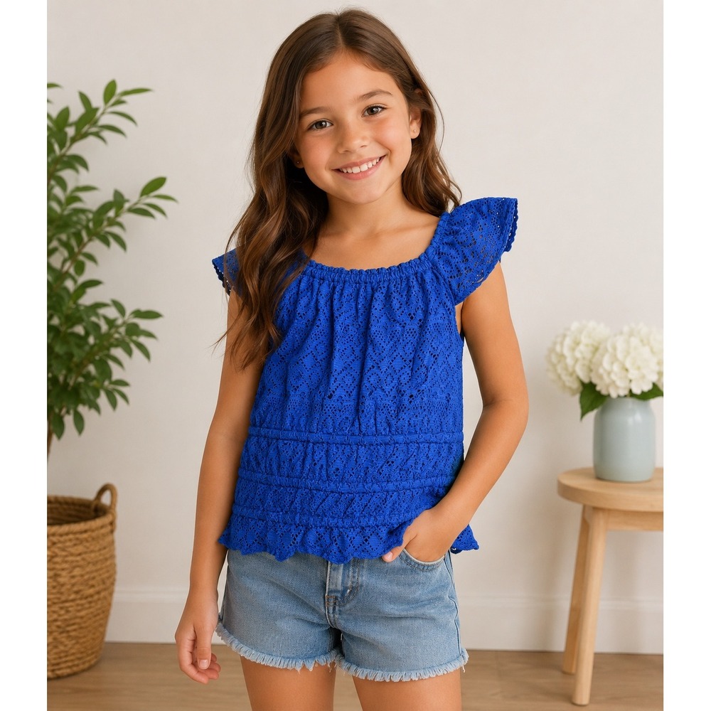 SO Girls Blue Flutter Sleeve Crochet Smocked Peplum Top Size Large NWT